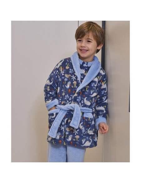 Bata infantil para niño en suave coralina modelo Dino de Muslher