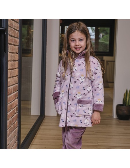 Bata infantil para niña en suave coralina con cremallera de Muslher modelo Conejita feliz