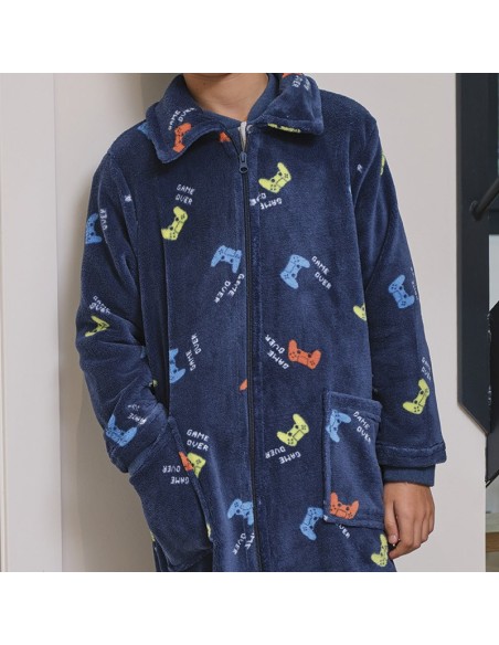 Bata de Muslher para niño modelo Dino con cremallera en suave coralina