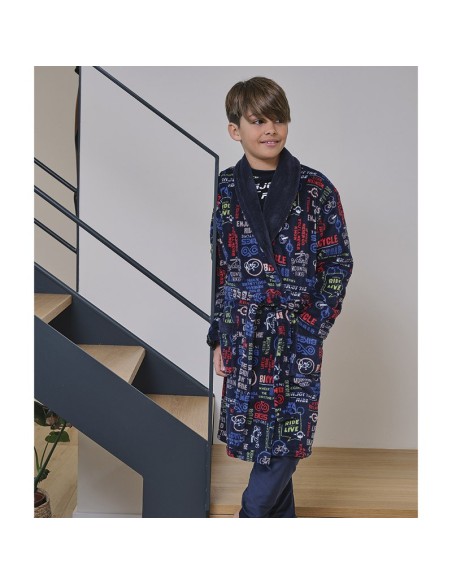 bata de niño cruzada en suave coralina modelo bicicleta de muslher