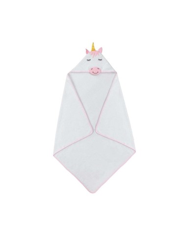 capa de baño en rizo de algodón para bebe blanco y rosa modelo unicornio