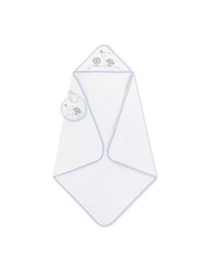 set de regalo para bebé de capa de baño y babero en algodón modelo bebé selva en blanco y celeste de interbaby