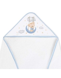 set de regalo para bebé de capa de baño y babero osito luna en blanco y celeste 2