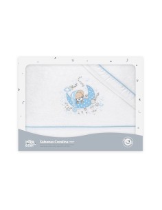 caja de regalo de juego de sabanas en coralina para minicuna modelo luna blanco-azul de interbaby