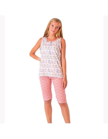 pijama de mujer para verano con pantalón pirata y camiseta de tirantas 5056P leniss