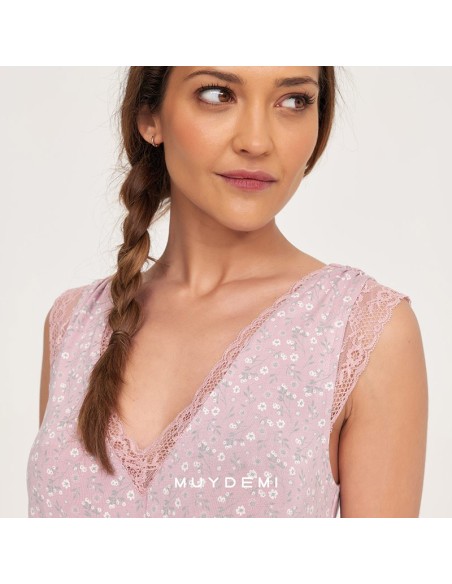 camisón de mujer para verano en tiranta con encaje muydemi rosa palo con flores