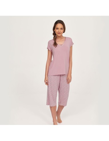 pijama de mujer para verano con pantalón pirata muydemi 260013 rosa palo