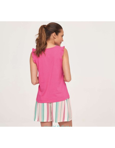 pijama de verano para mujer en tirantas muydemi rayas fuxia parte trasera