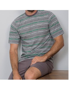 pijama de hombre para verano en algodon muslher gris con raya verde