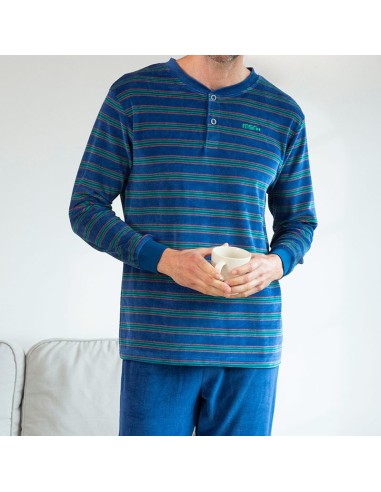 pijama en terciopelo cálido para hombre muslher modelo raya verde