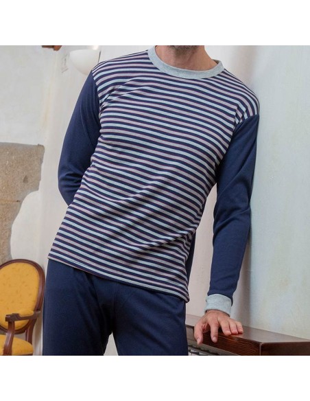 pijama de hombre en algodón de invierno muslher modelo rayas grises