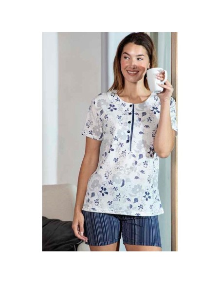 pijama para verano de mujer en manga corta modelo floral azul muslher