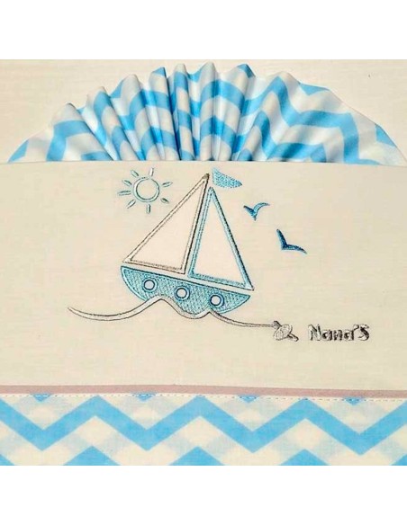 juego de sabanas en tela para coche de bebe modelo velero en blanco-azul nanas