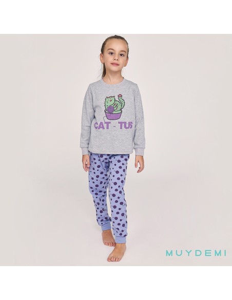 pijama para niña en algodón cálido de invierno muydemi modelo gato cactus
