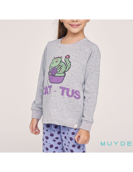 pijama de niña en algodón de invierno muydemi modelo gatito cactus