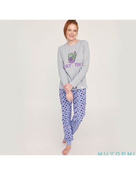 pijama de invierno para mujer en algodón muydemi modelo gatito travieso