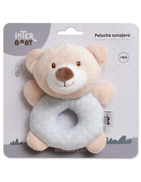 sonajero de peluche para bebe interbaby osito lunares gris
