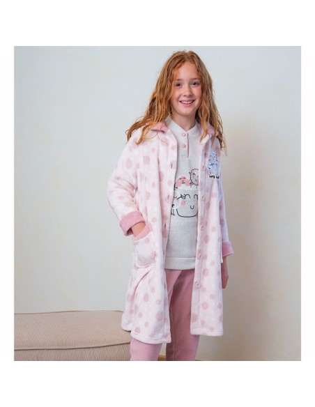 bata de niña para invierno abotonada en coralina modelo lunar rosa muslher
