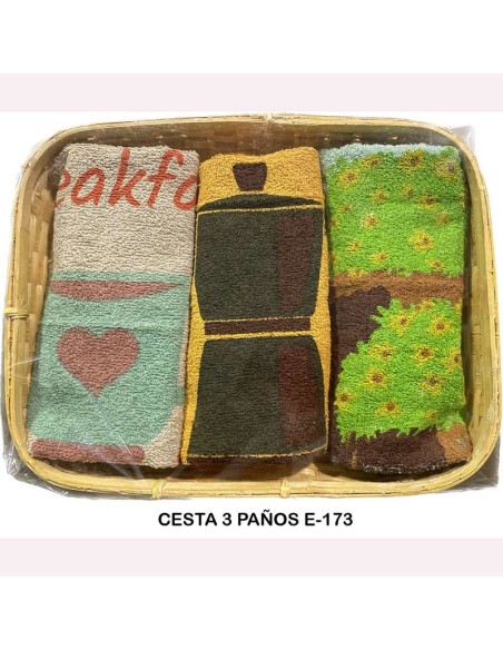 cesta con tres paños de cocina en rizo de algodón estampado dolz