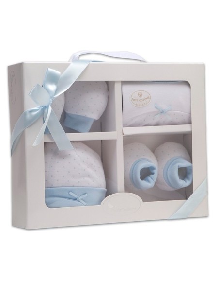 set de regalo recien nacido de gorro, manoplas patucos y babero de topos azul de interbaby