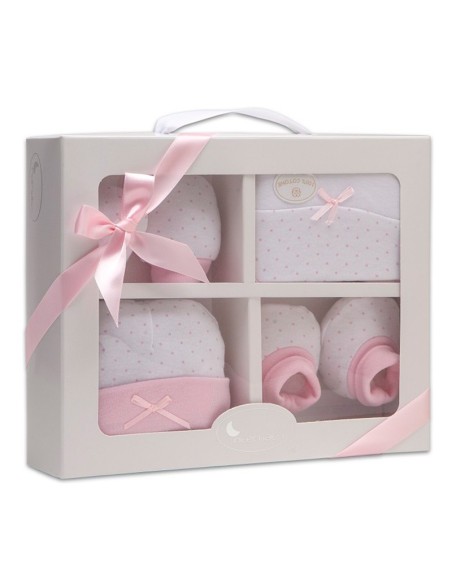 caja de regalo para recién nacido de manoplas patucos gorro y babero en algodón modelo topos rosa