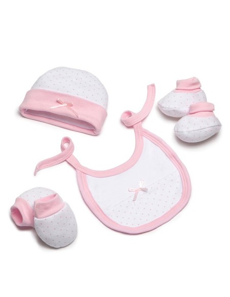 set de regalo para bebe recién nacido con accesorios básicos en algodón topos rosa de interbaby