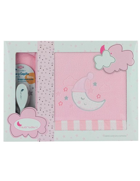 sabanas para cuna de invierno en coralina y cepillo para bebé de regalo modelo luna en rosa de interbaby