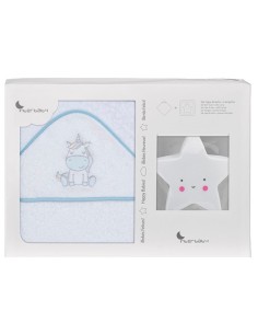 caja de regalo para bebe con papa de baño y lampara de noche estrella modelo unicornio en blanco y azul de interbaby