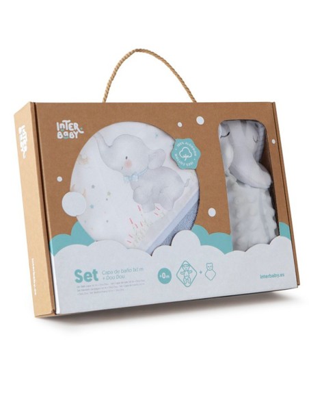 caja de regalo de dou dou y capa de baño modelo elefante azul