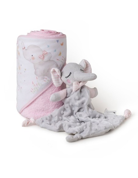 juego de capa de baño en algodón y dou dou elefante rosa de interbaby