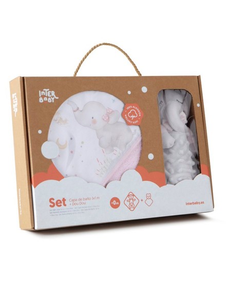 caja de regalo de capa de baño y dou dou elefante rosa para bebe de interbaby
