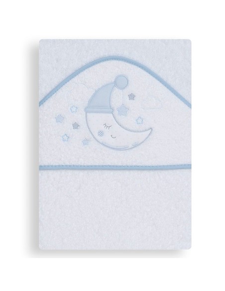 capa de baño en rizo de algodón para bebe dulce luna en blanco y azul de interbaby