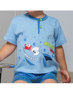 pijama de verano infantil para niño en manga corta de algodón modelo tiburón de muslher