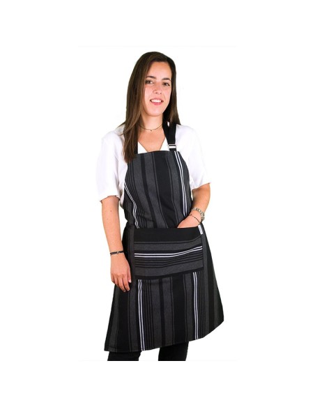 delantal de cocina de canellas modelo rayas en algodón color gris y negro