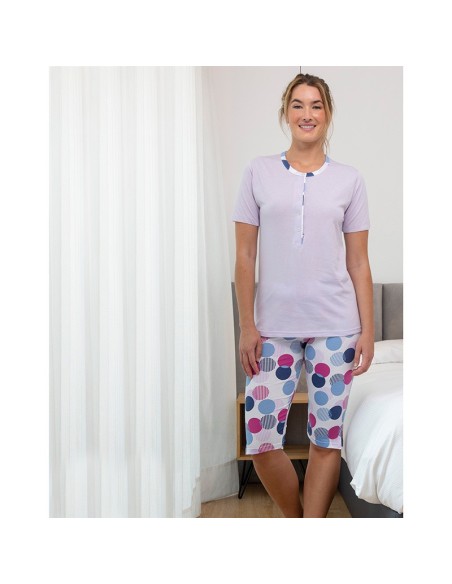 pijama de mujer para verano en manga corta y pantalón pirata modelo lunares de muslher