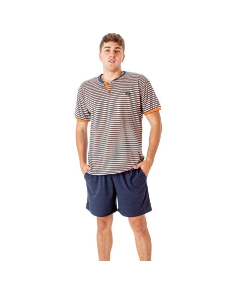 pijama de verano en algodón de manga corta y pantalón corto de hombre raya naranja de dormen
