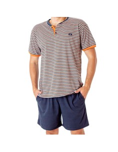 pijama de verano en algodón de manga corta y pantalón corto de hombre raya naranja de dormen