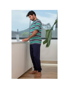 pijama de hombre para verano en algodón de manga corta y pantalón largo listas verdes de muslher