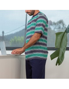 pijama de hombre para verano en algodón de manga corta y pantalón largo listas verdes de muslher