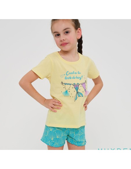 pijama para verano de niña en algodón de manga corta sirenita de muydemi