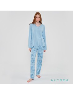 pijama de mujer de verano en manga larga de algodón azul mar de muydemi