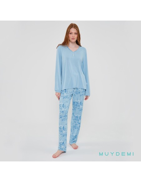 pijama de mujer de verano en manga larga de algodón azul mar de muydemi