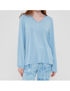 pijama de mujer de verano en manga larga de algodón azul mar de muydemi