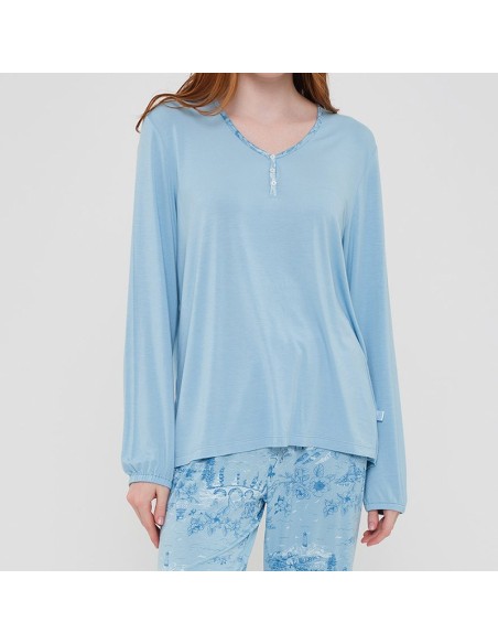 pijama de mujer de entre tiempo en algodón azul mar de muydemi