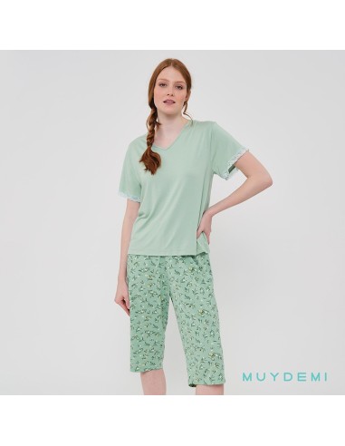 pijama de mujer para verano con manga corta y pantalón pirata tulipán de muydemi