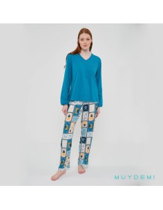 pijama de mujer en manga larga fina en algodón y pantalón de tela pepa de muydemi