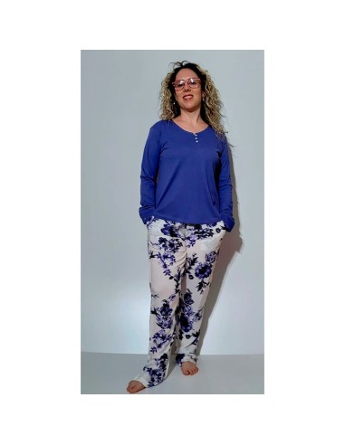 pijama de mujer en algodón fino de mujer y pantalón de tela de promise modelo amanecer azul