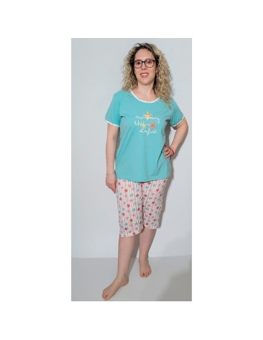 pijama de mujer  para verano en manga corta y pantalón pirata en algodón estrella de mar de leniss