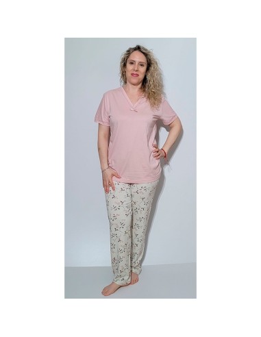 pijama de mujer para verano en manga corta y pantalón largo sonia rosa en algodón de calidad