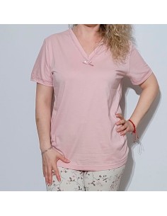 pijama de mujer para verano en manga corta y pantalón largo sonia rosa en algodón de calidad 2